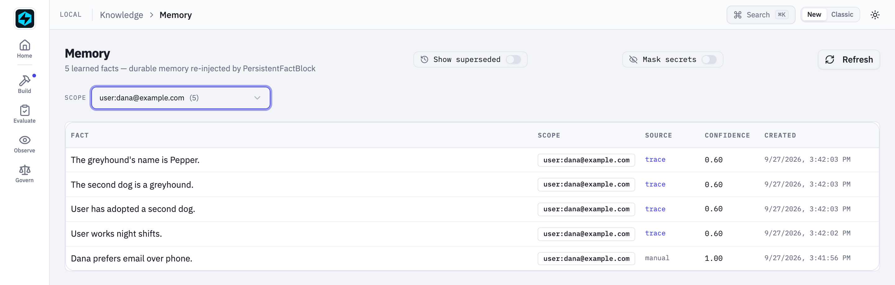 Local UI Memory page filtered to Dana: four learned facts at confidence 0.60 with a trace source, and one persisted fact at 1.00