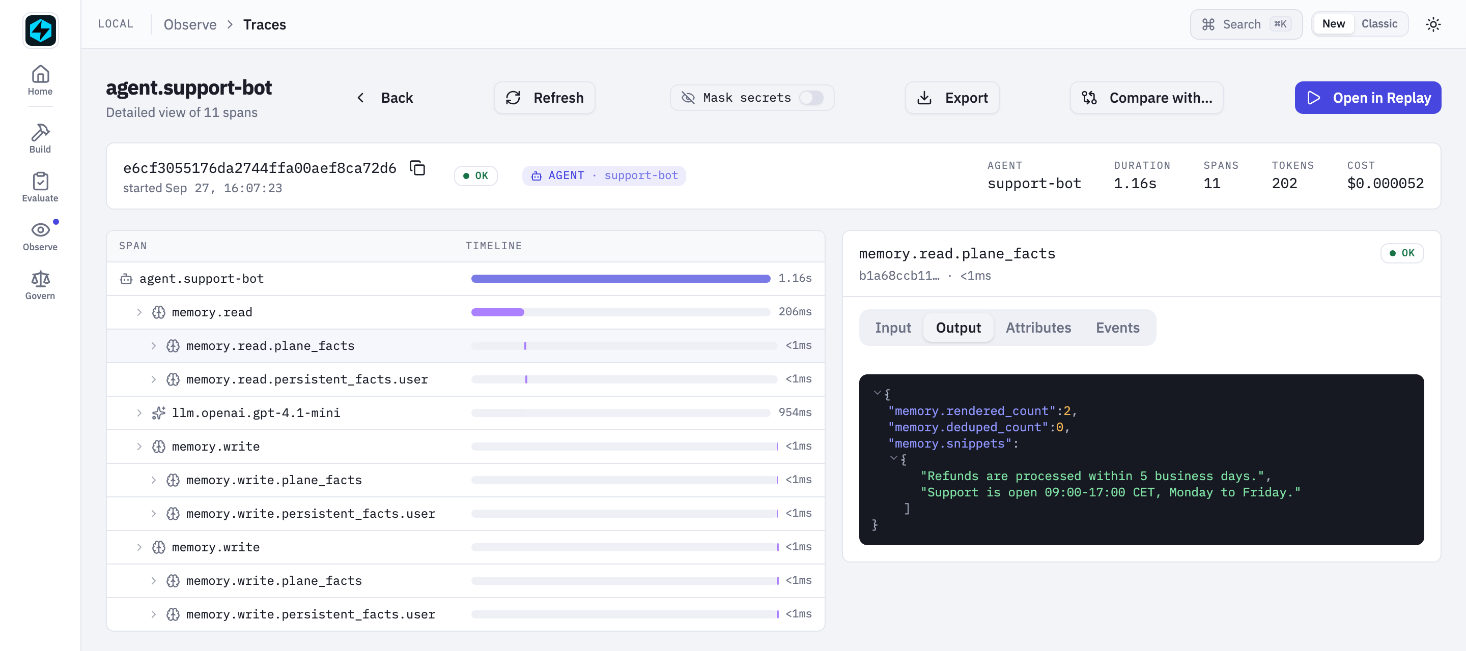 Local UI trace: the memory.read.plane_facts span with rendered_count 2, deduped_count 0 and the two curated facts