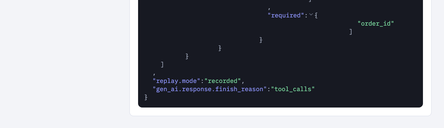 The recorded rerun's model span attributes end with replay.mode recorded and finish_reason tool_calls