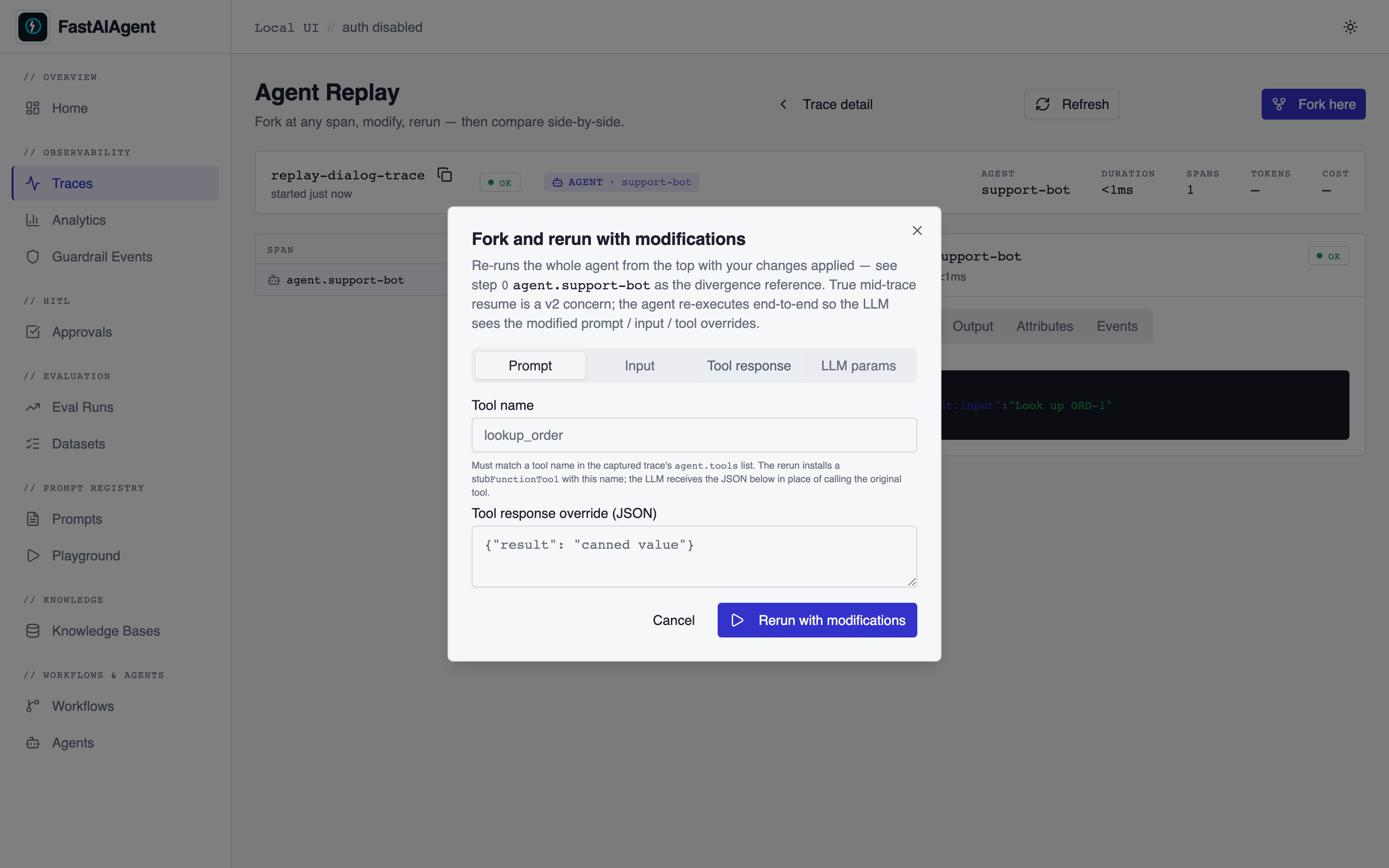 Fork-and-rerun dialog with tool-name + JSON response fields and the corrected "Rerun with modifications" button
