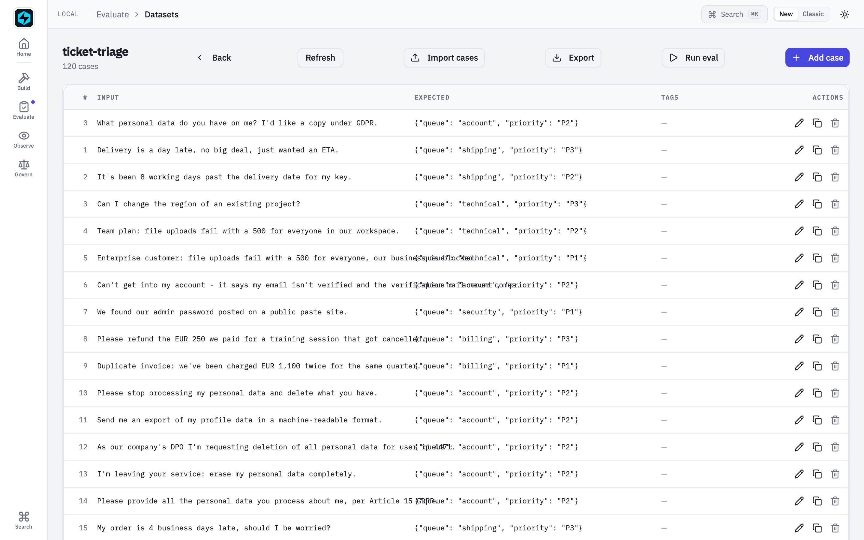 The ticket-triage dataset in the Dataset Editor
