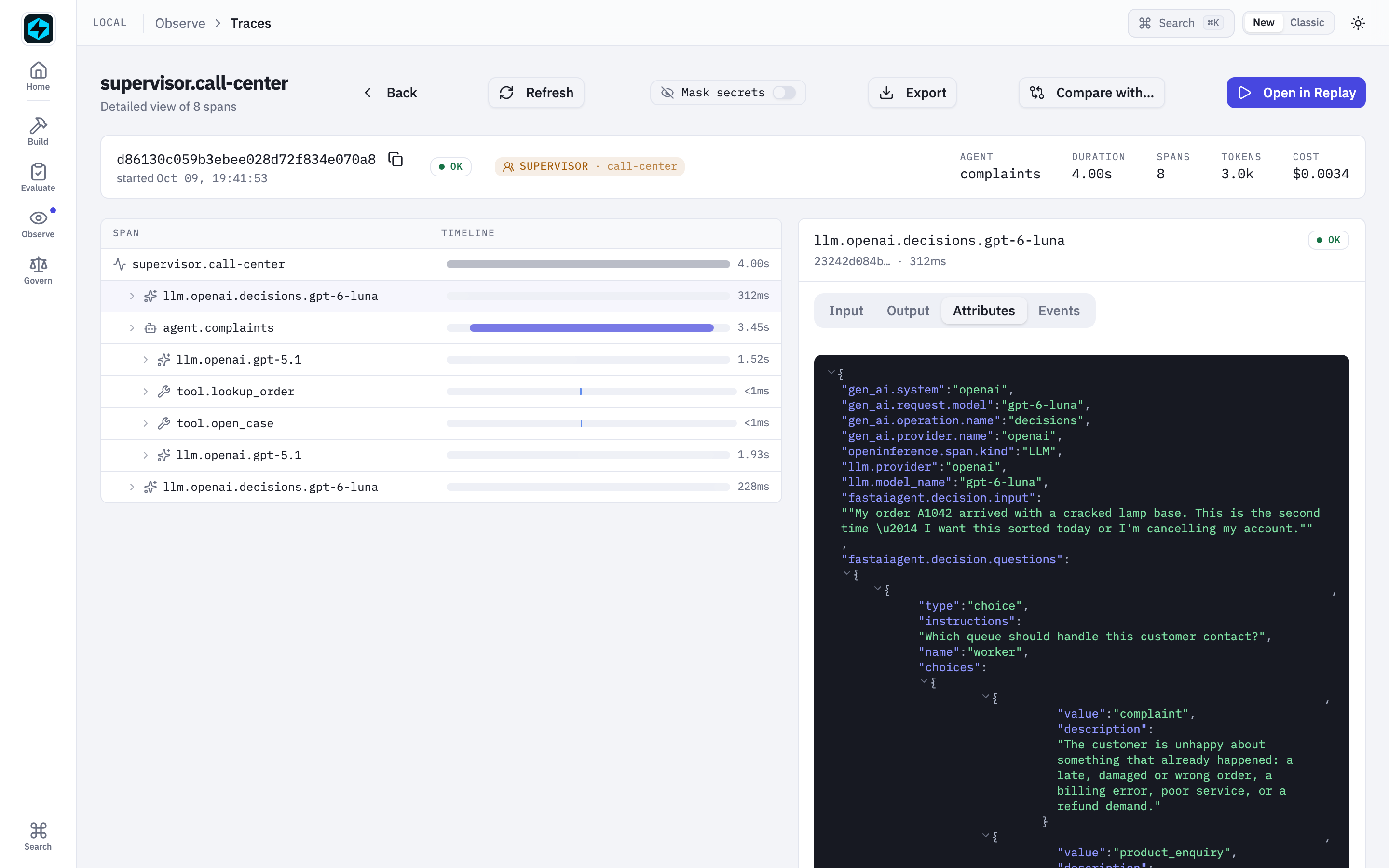 A Decisions API span in the Local UI