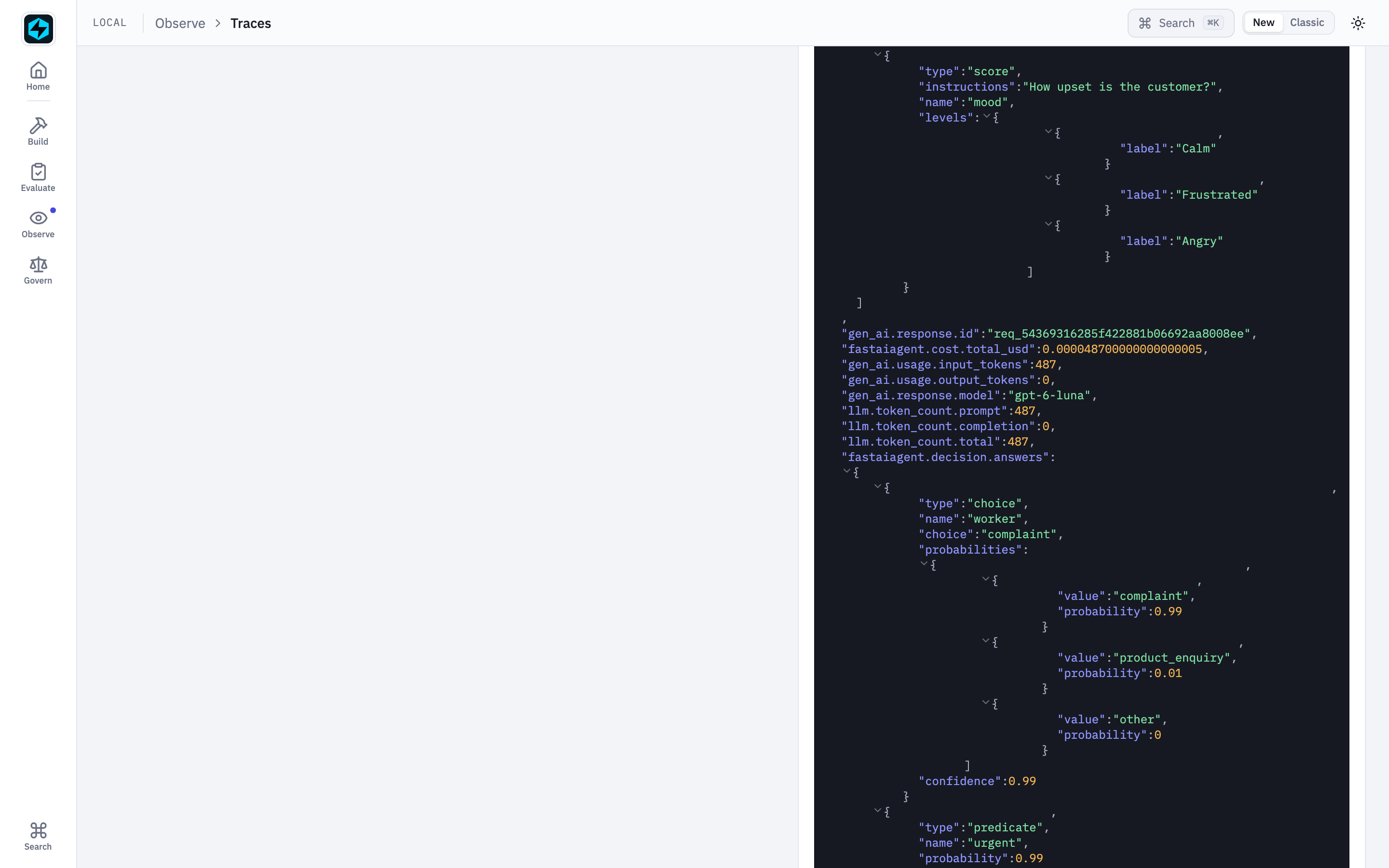 The same span's answers, usage and cost