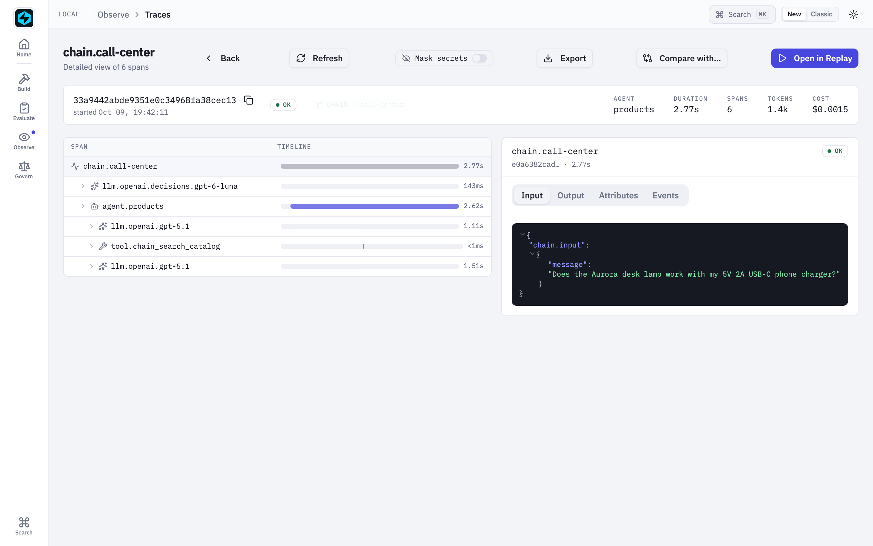 Chain trace: the triage decision then the products agent