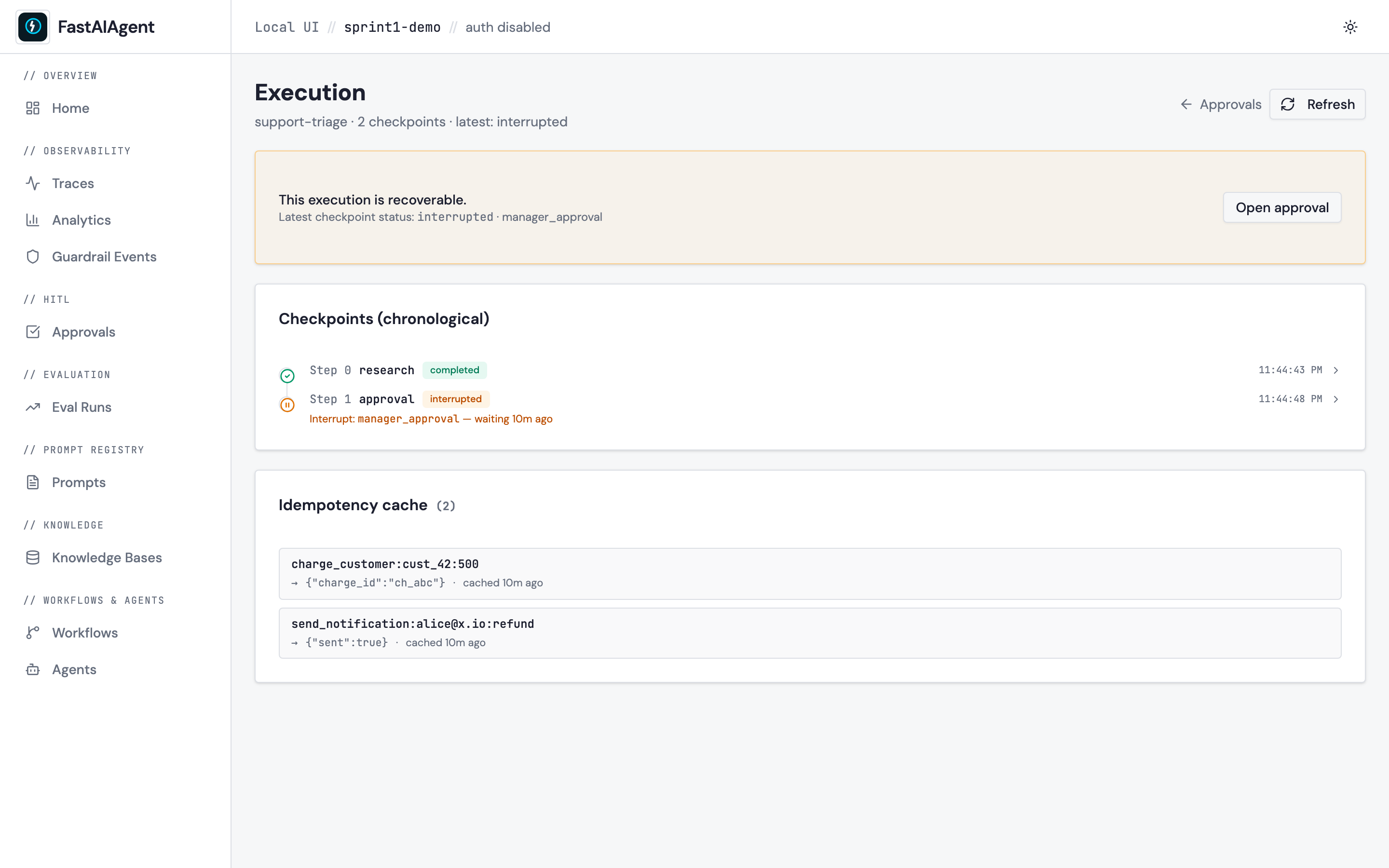 Checkpoint timeline with idempotency cache
