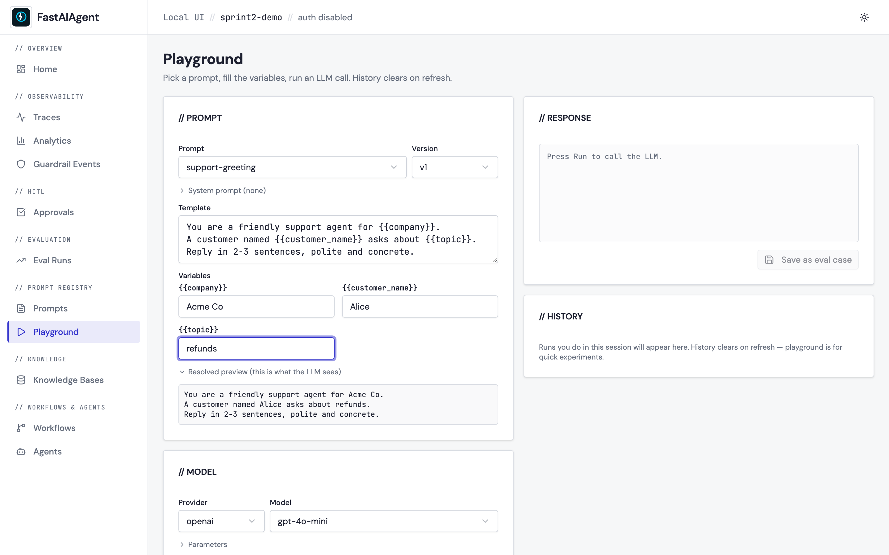 Prompt selected with variables filled