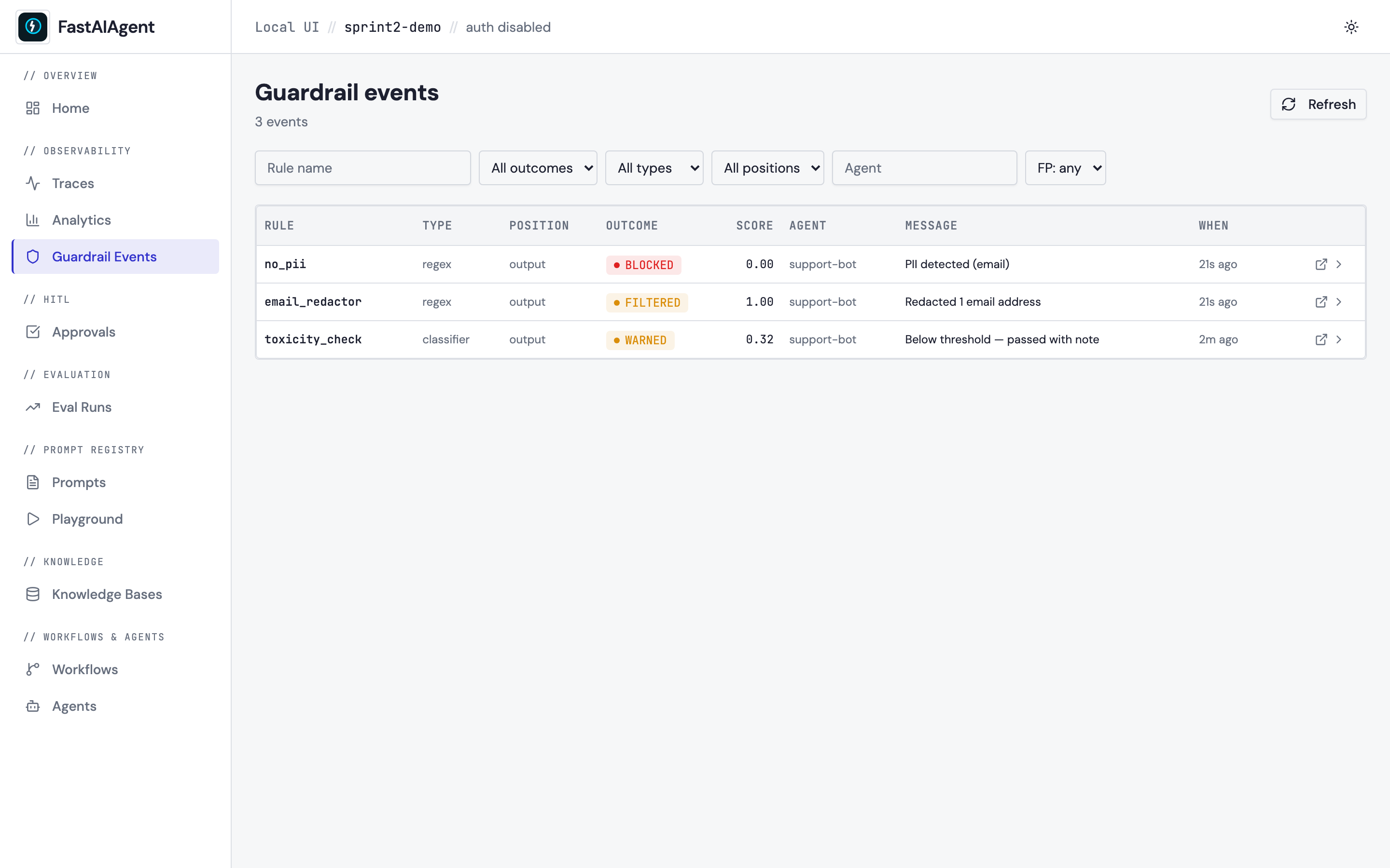 Guardrail events list with type / position / FP filters